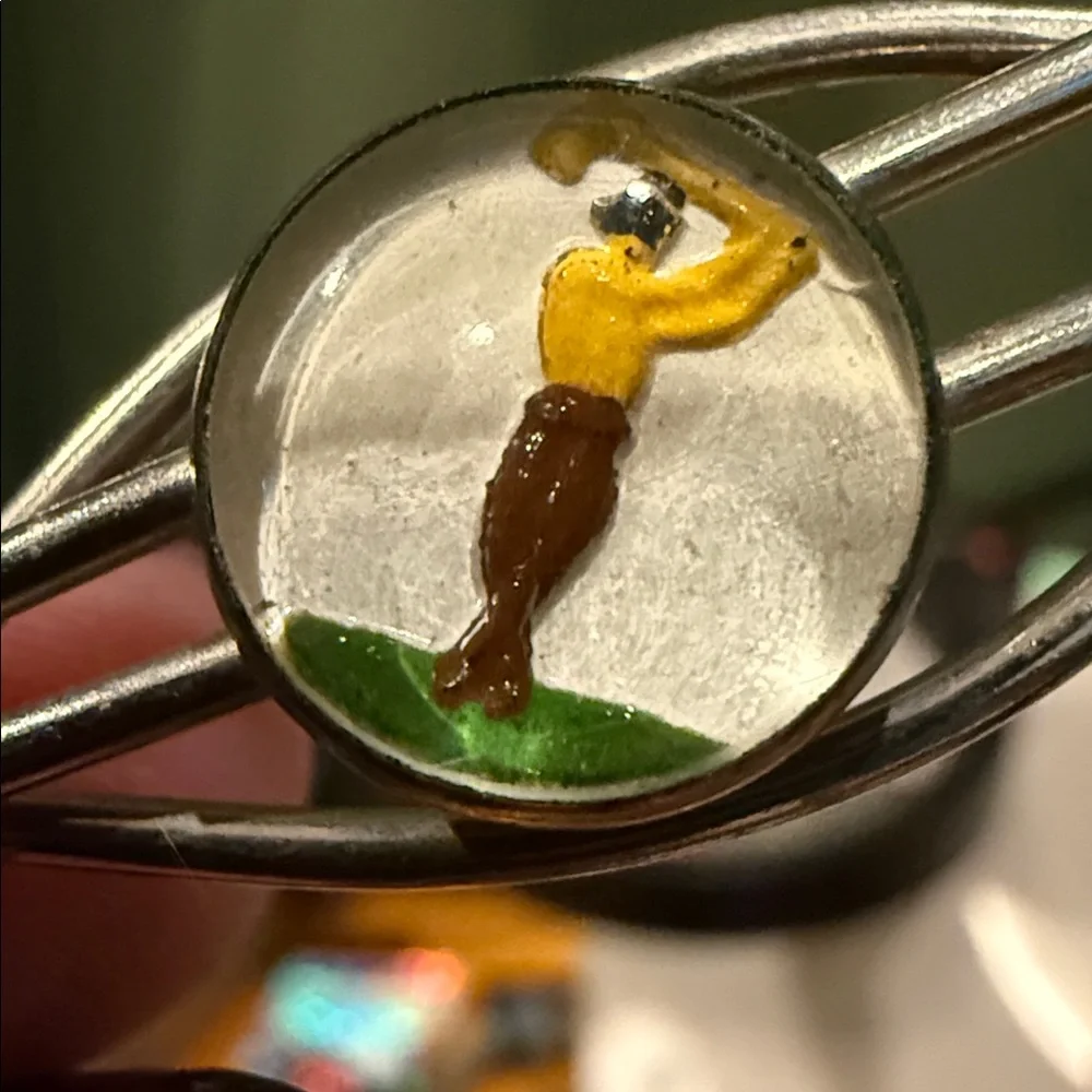 Mens Tie Bar Clip Reverse Painted intaglio golfer Glass Cabacho
